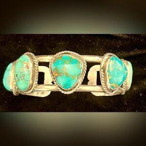 Navajo Handmade Turquoise and Sterling Silver Cuff Row Bracelet Stamped Boho VTG